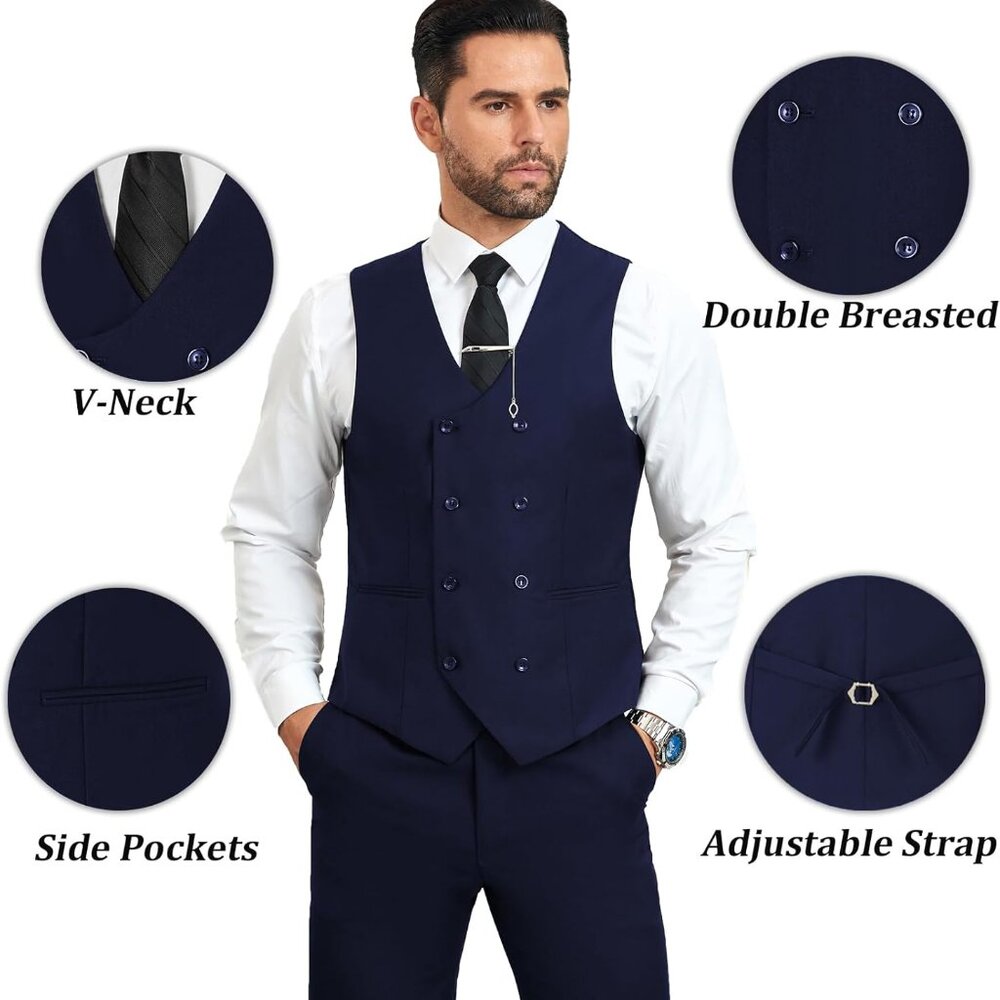 Mens Suit Slim Fit 3 Piece Double Breasted Suit Men Formal Tuxedo Set Casual Wed - Picture 5 of 6